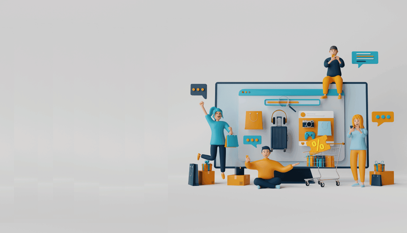 E-İhracat ile İşinizi Dünyaya Taşıyın- Online alışverişi ve e-ticareti simgeleyen, bilgisayar ekranı, alışveriş arabası, paketler ve mutlu müşteri figürlerinin bulunduğu renkli bir illüstrasyon.