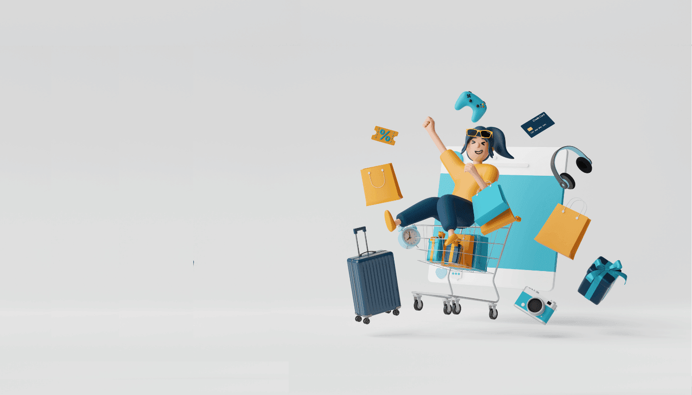 İthalat süreçlerinin kolaylığını ve keyfini simgeleyen 3D karakter, alışveriş arabası ve ürünler.