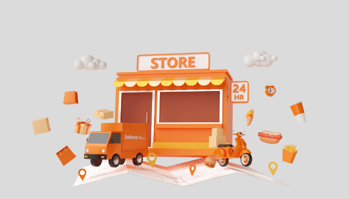 İhracatı simgeleyen 3D mağaza, teslimat araçları ve ürünler.