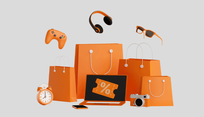 Sorunsuz teslimat ve operasyonu simgeleyen 3D ürünler ve alışveriş öğeleri.