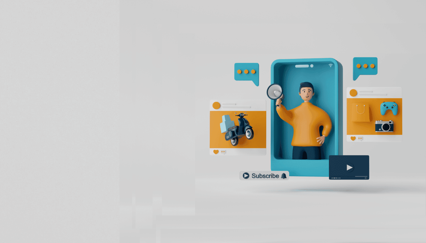 E-ihracatta güvenilirliği ve iş ortaklığını simgeleyen 3D karakter ve sosyal medya öğeleri.