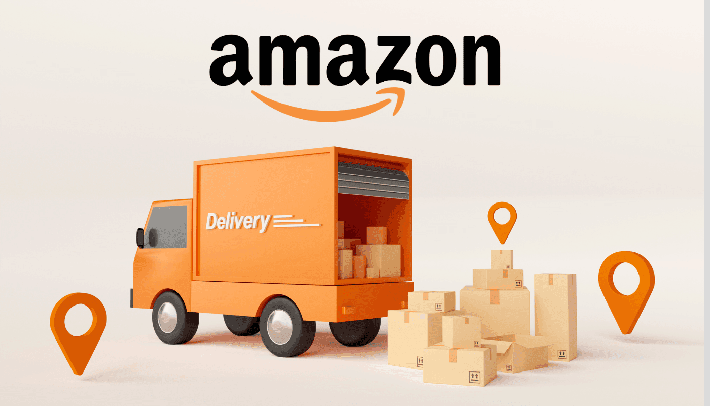 Amazon’da Satış Yapmak İçin Adım Adım Rehber: İlk Satışınızı 7 Günde Nasıl Gerçekleştirirsiniz? 1 Amazon'da satış yapmayı ve hızlı teslimatı temsil eden 3D kamyon, kutu ve konum işaretleri.