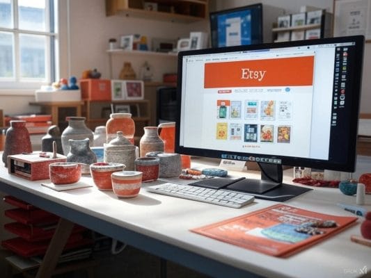 Etsy web sitesinin açık olduğu bir bilgisayar ekranı ve el yapımı seramik ürünlerinin yer aldığı bir çalışma masası.