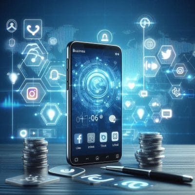 E-ticaret için sosyal medya pazarlamasını temsil eden platform ikonları ve akıllı telefon ekranı.
