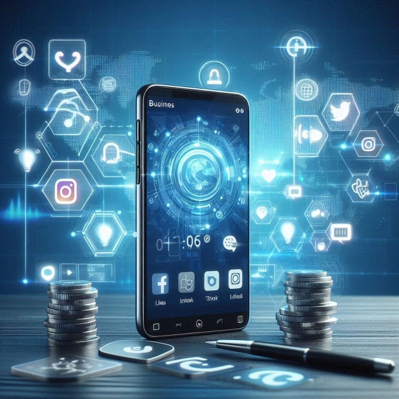 E-ticaret için sosyal medya pazarlamasını temsil eden platform ikonları ve akıllı telefon ekranı.