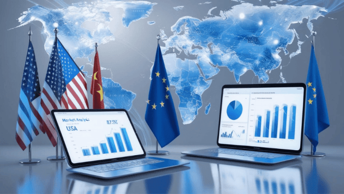 E-ihracatta pazar analizini temsil eden küresel harita ve bayraklar.