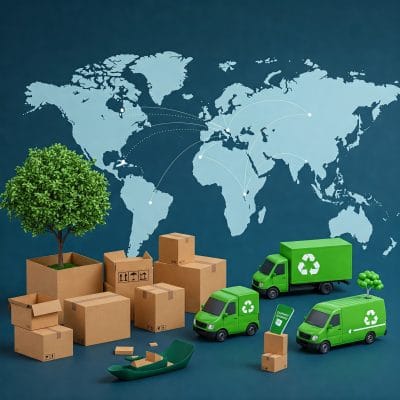 E-ticaret lojistiğinde sürdürülebilirliği temsil eden ambalaj ve yeşil araçlar.