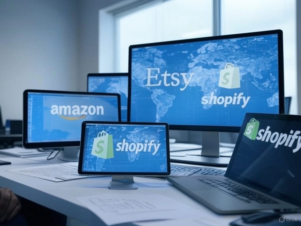Küçük Firmalar İçin E-ticaret Platformu Seçimi: Hangisi Doğru? 1 Küçük firmalar için e-ticaret platformlarını temsil eden dijital cihazlar ve pazar haritası.