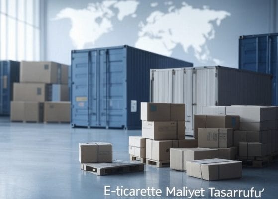 Küresel bir lojistik haritası ve kargo konteynerleri, koliler, küçük kargo kutuları ile temsil edilen e-ticarette maliyet tasarrufu.