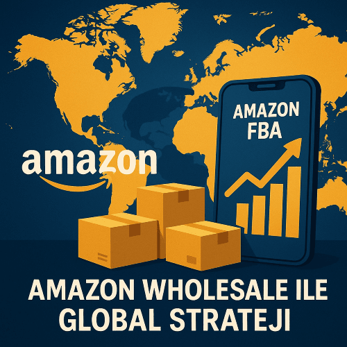 Amazon Wholesale ve global marka stratejisini temsil eden dünya haritası ve ürün kutuları.