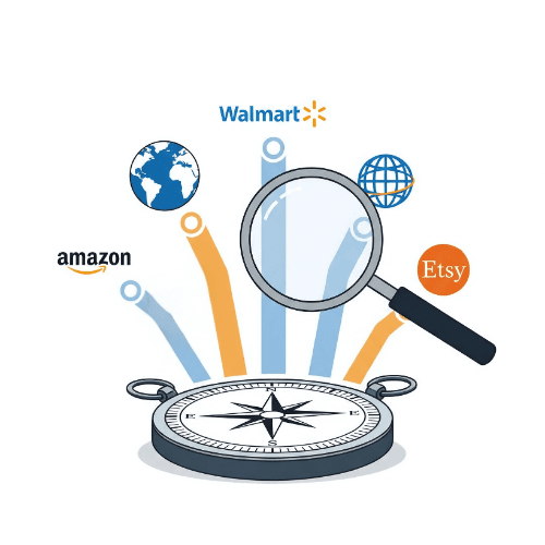 E-ticaret pazaryerlerine (Amazon, Walmart, Etsy, global pazaryeri) giden yolları gösteren bir pusula ve bu yolları analiz eden bir büyüteç.