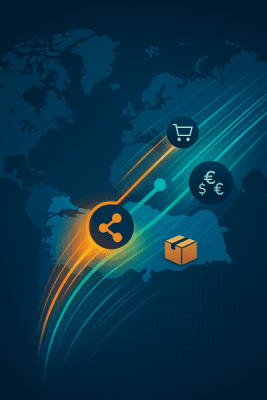 Türkiye'den global pazarlara dijital yollarla yayılan bir markayı gösteren konsept görsel. E-ihracat markalaşmasını simgeliyor.