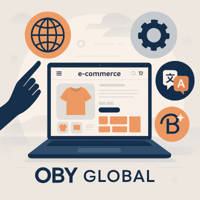 E-ticaret sitesinin global pazarlara hazırlanışını gösteren konsept: Laptopta site, etrafında globalleşme, SEO, yerelleştirme ve markalaşma ikonları, OBY Global rehberliğiyle.