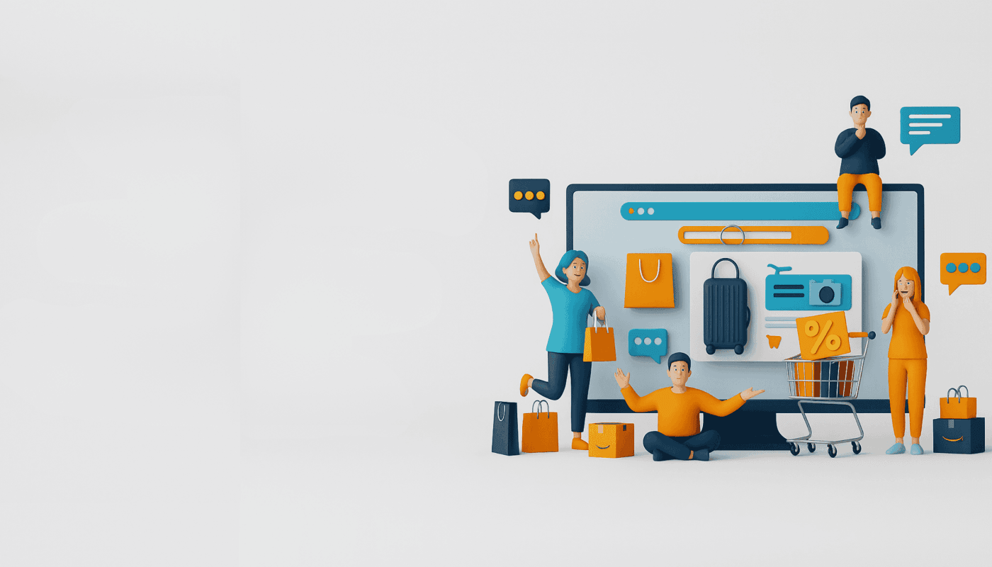 Amazon marka doğrudan ve toptan satış konsepti: Bilgisayar ekranında e-ticaret sitesi, alışveriş yapan figürler, sepet, ürünler ve Amazon kutusu.