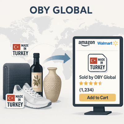 OBY Global'in Türk markalarından ürün alıp Amazon ve Walmart ABD'de satış modelini gösteren illüstrasyon: 'Made in Turkey' etiketli ürünler (zeytinyağı, ayakkabı, vazo) ve 'OBY Global Tarafından Satıldı' yazan bir e-ticaret ekranı.